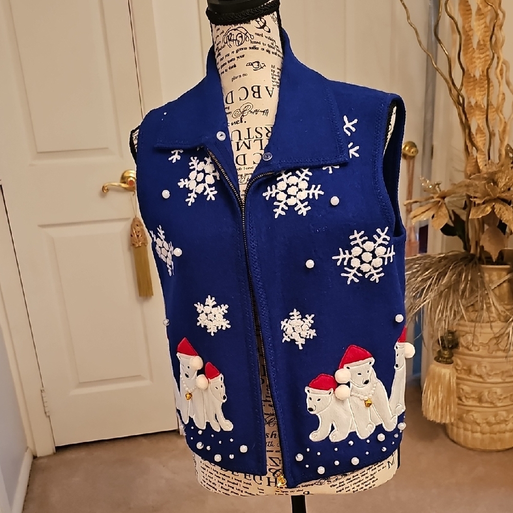 Lisa International Blue Holiday Cardigan Vest